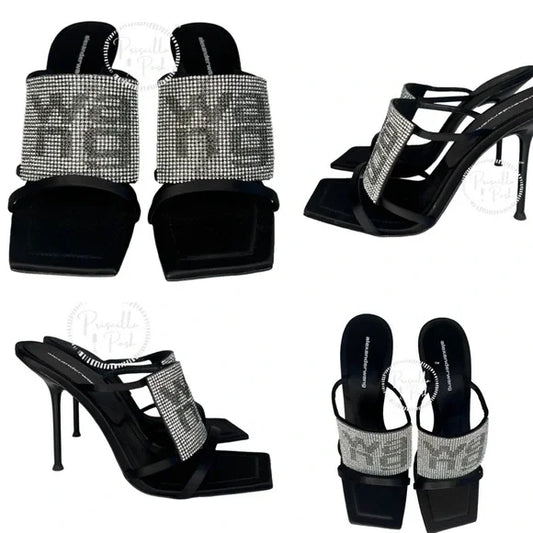 BRAND NEW! Alexander Wang Julie High Heel Slides Rhinestone Logo Heels Square 38.5