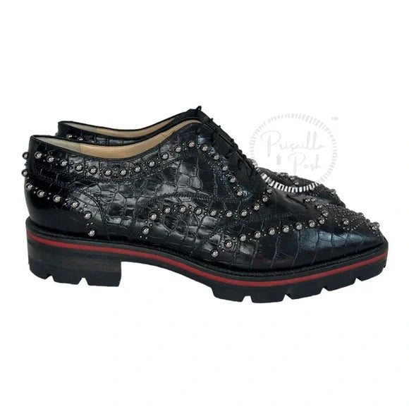 Christian Louboutin Croc Calfskin Embossed Womens Studded Crapadonna Oxfords 39