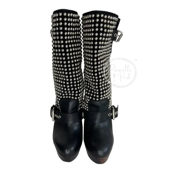 Christian Louboutin Marisa Silver Studded Platform Boot Moto Combat 35.5