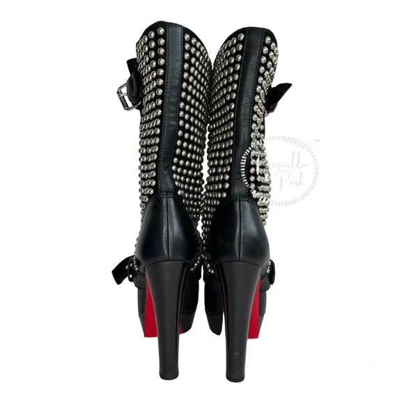 Christian Louboutin Marisa Silver Studded Platform Boot Moto Combat 35.5