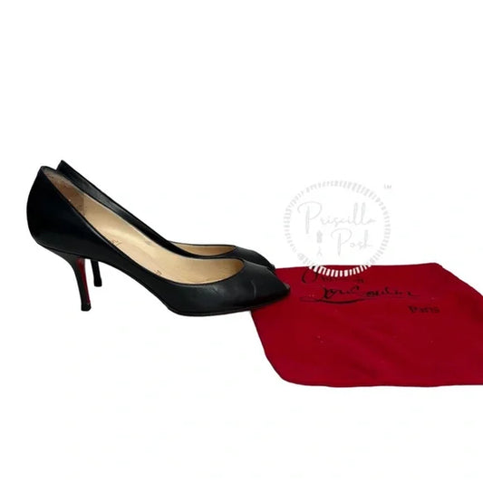 Christian Louboutin Black Leather Peep Toe Kitten Heel Pumps Heels 38.5