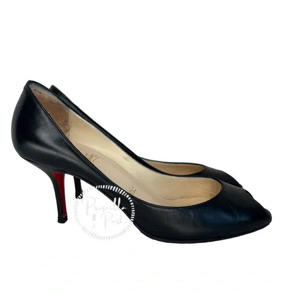 Christian Louboutin Black Leather Peep Toe Kitten Heel Pumps Heels 38.5