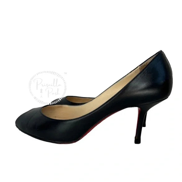 Christian Louboutin Black Leather Peep Toe Kitten Heel Pumps Heels 38.5