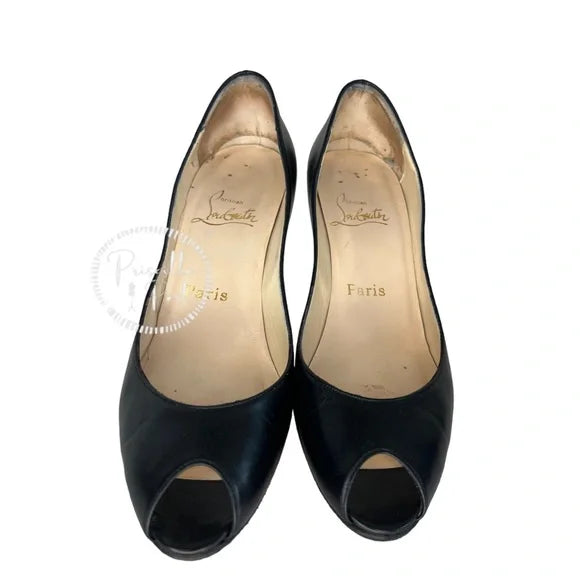 Christian Louboutin Black Leather Peep Toe Kitten Heel Pumps Heels 38.5