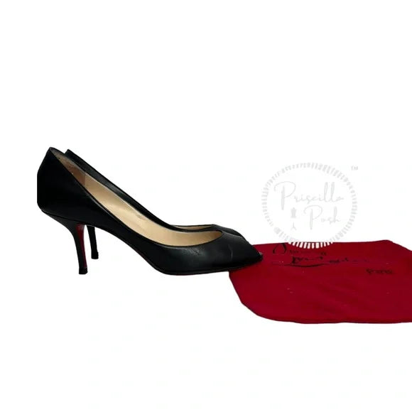 Christian Louboutin Black Leather Peep Toe Kitten Heel Pumps Heels 38.5