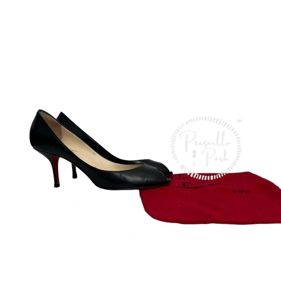Christian Louboutin Black Leather Peep Toe Kitten Heel Pumps Heels 38.5