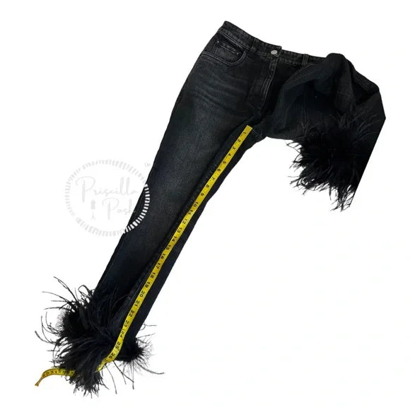 PRADA Ostrich Feather-Cuff Straight-Leg Jeans Black