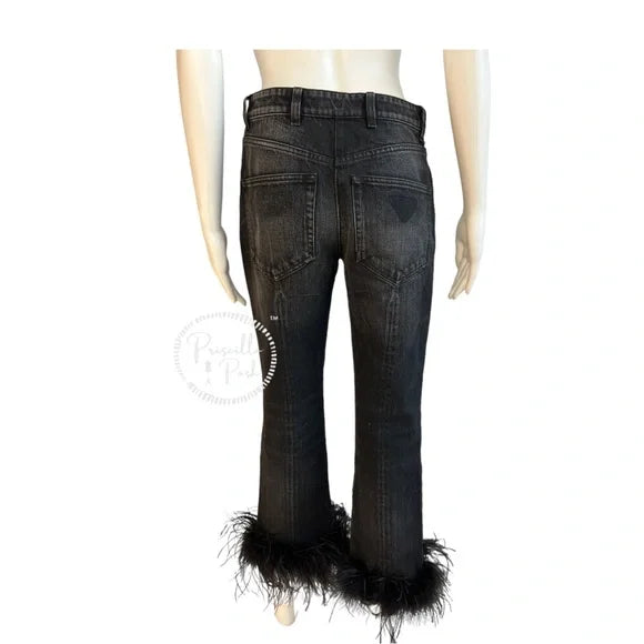 PRADA Ostrich Feather-Cuff Straight-Leg Jeans Black