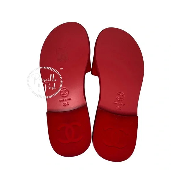 Chanel Red Patent Maxi Cc Logo Mules Slides 35 Red Pink Coral Sandals