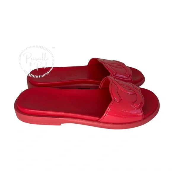 Chanel Red Patent Maxi Cc Logo Mules Slides 35 Red Pink Coral Sandals