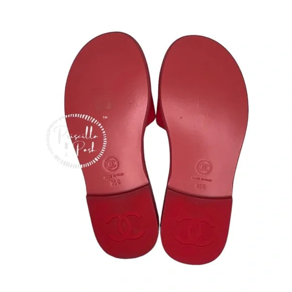 Chanel Red Patent Maxi Cc Logo Mules Slides 35 Red Pink Coral Sandals