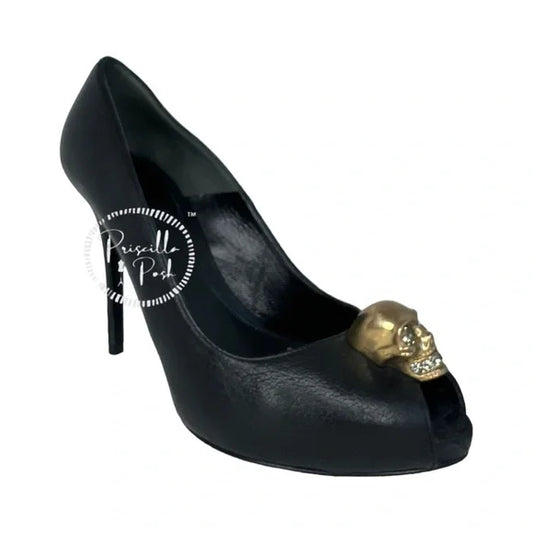 Alexander McQueen Skull Peep Toe Pumps Gold Skull Crystals Black Leather 37