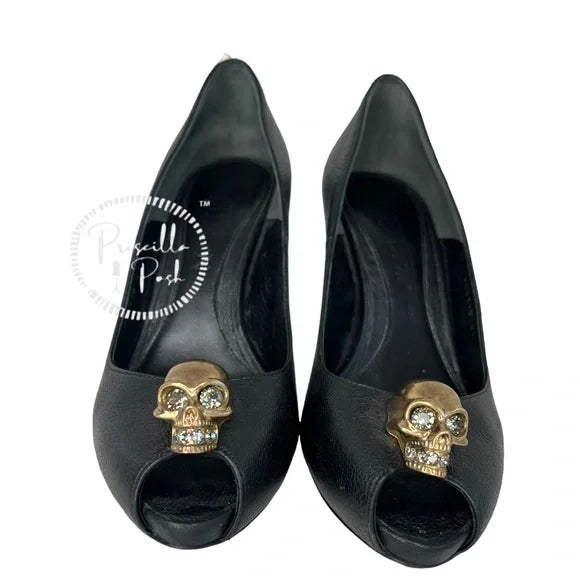 Alexander McQueen Skull Peep Toe Pumps Gold Skull Crystals Black Leather 37