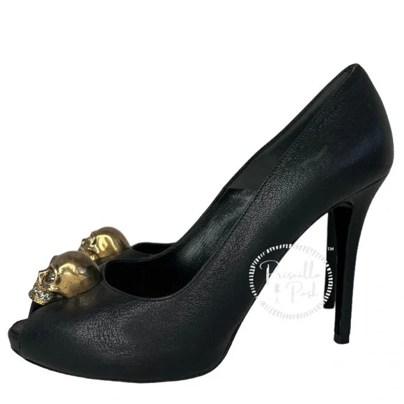 Alexander McQueen Skull Peep Toe Pumps Gold Skull Crystals Black Leather 37