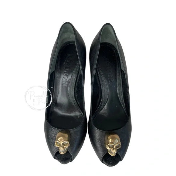 Alexander McQueen Skull Peep Toe Pumps Gold Skull Crystals Black Leather 37