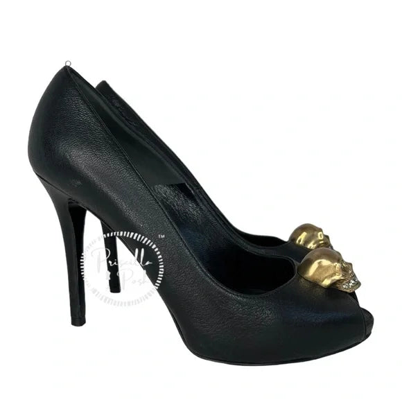 Alexander McQueen Skull Peep Toe Pumps Gold Skull Crystals Black Leather 37