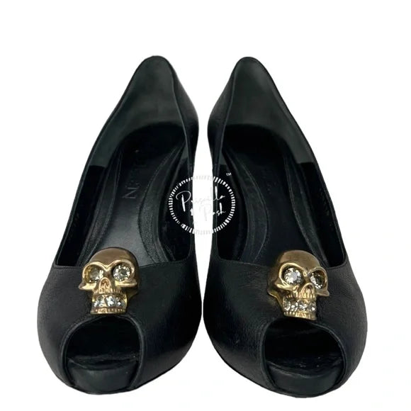 Alexander McQueen Skull Peep Toe Pumps Gold Skull Crystals Black Leather 37