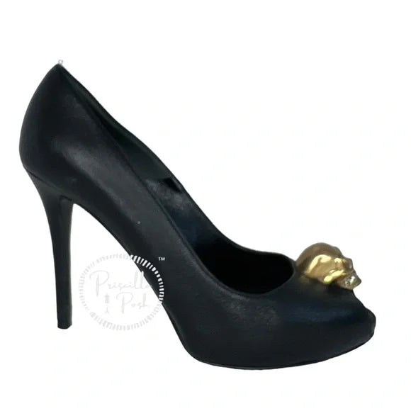 Alexander McQueen Skull Peep Toe Pumps Gold Skull Crystals Black Leather 37