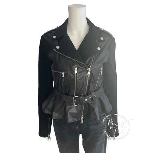 Alexander McQueen Black Leather Jacket Belted Waist Peplum Hem Moto Jacket Alexander McQueen