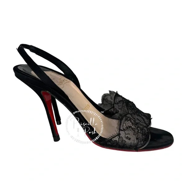 Christian Louboutin Black Satin And Lace Slingback Heels Size Open Toe 38.5