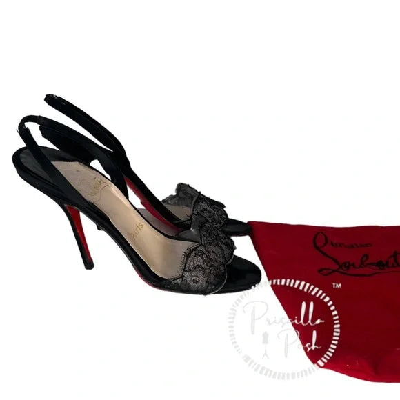 Christian Louboutin Black Satin And Lace Slingback Heels Size Open Toe 38.5