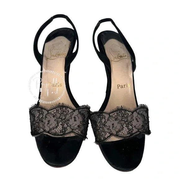 Christian Louboutin Black Satin And Lace Slingback Heels Size Open Toe 38.5