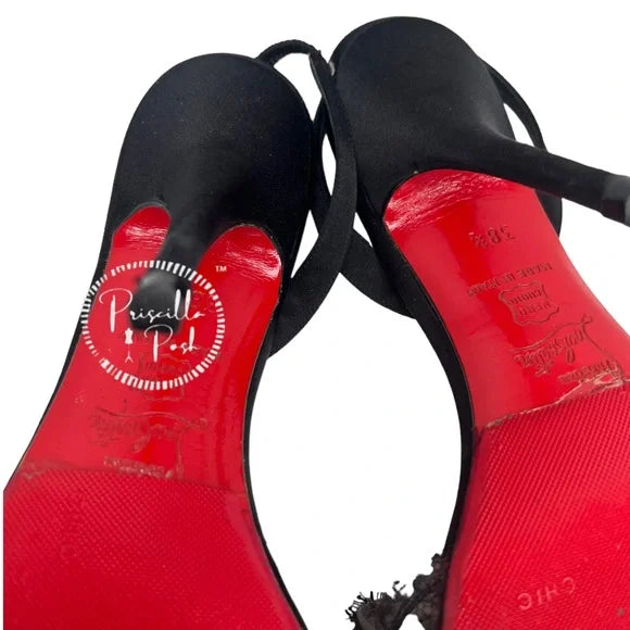 Christian Louboutin Black Satin And Lace Slingback Heels Size Open Toe 38.5