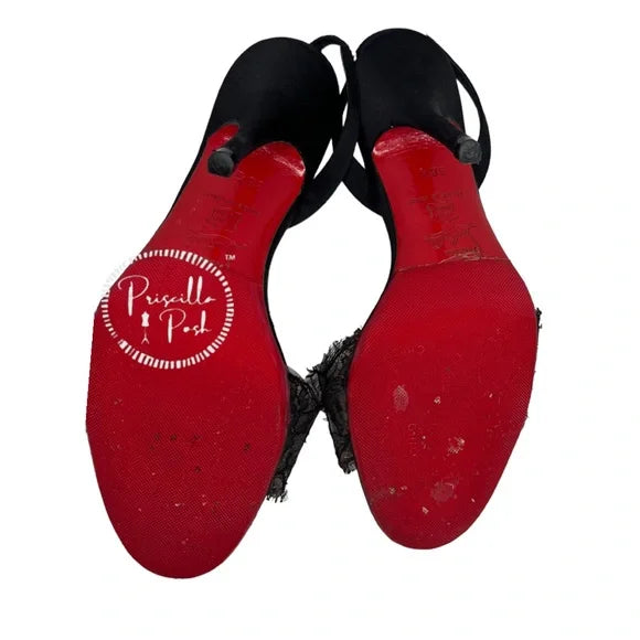 Christian Louboutin Black Satin And Lace Slingback Heels Size Open Toe 38.5
