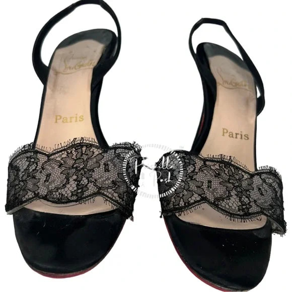 Christian Louboutin Black Satin And Lace Slingback Heels Size Open Toe 38.5