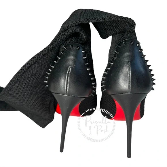 Christian Louboutin Souricette 100 black studded knee high sock boots thigh high 38