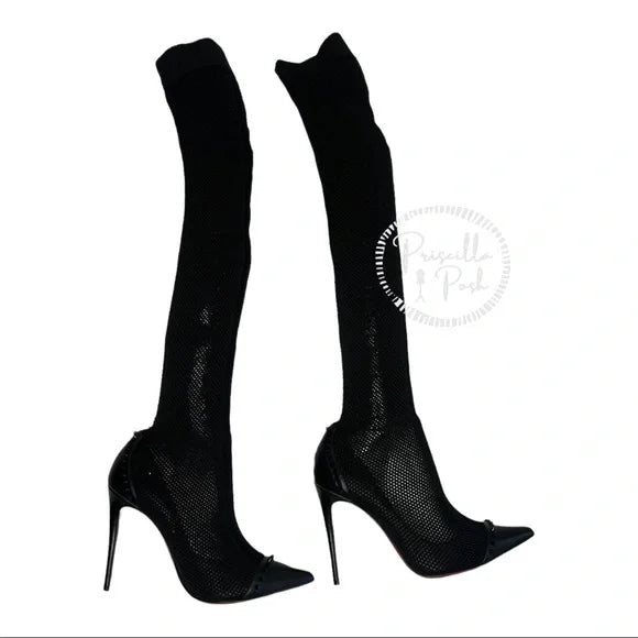 Christian Louboutin Souricette 100 black studded knee high sock boots thigh high 38