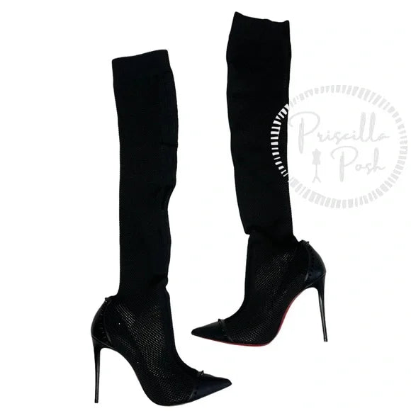 Christian Louboutin Souricette 100 black studded knee high sock boots thigh high 38