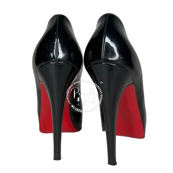 Christian Louboutin Black Patent Leather Peep Toe Platform Pumps Size 37.5