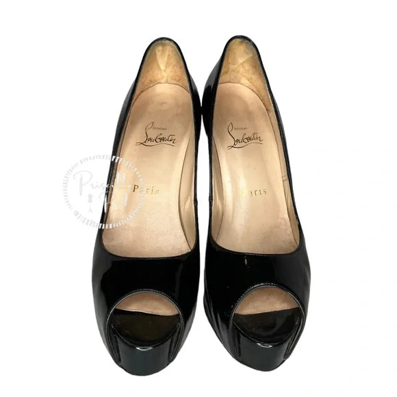 Christian Louboutin Black Patent Leather Peep Toe Platform Pumps Size 37.5