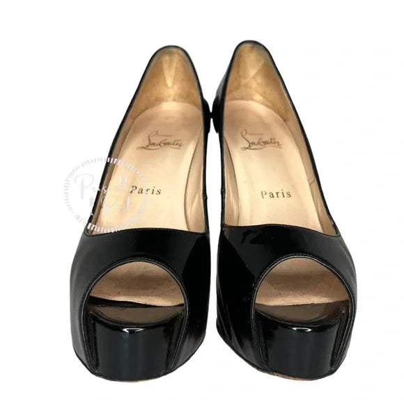 Christian Louboutin Black Patent Leather Peep Toe Platform Pumps Size 37.5