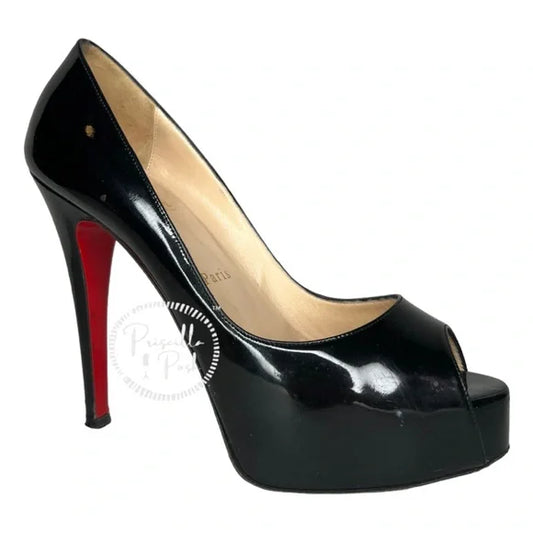 Christian Louboutin Black Patent Leather Peep Toe Platform Pumps Size 37.5