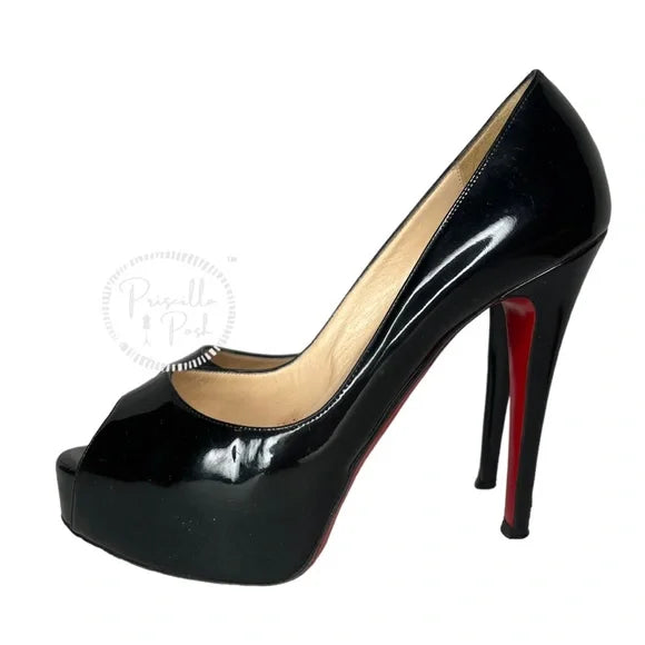 Christian Louboutin Black Patent Leather Peep Toe Platform Pumps Size 37.5