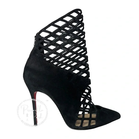 Christian Louboutin Black Suede Pointed Toe Ankle Boots Cutout Stiletto Heel 37