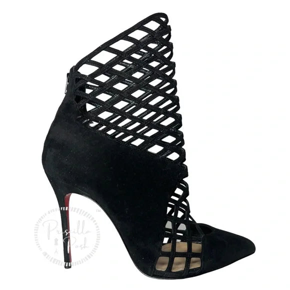 Christian Louboutin Black Suede Pointed Toe Ankle Boots Cutout Stiletto Heel 37