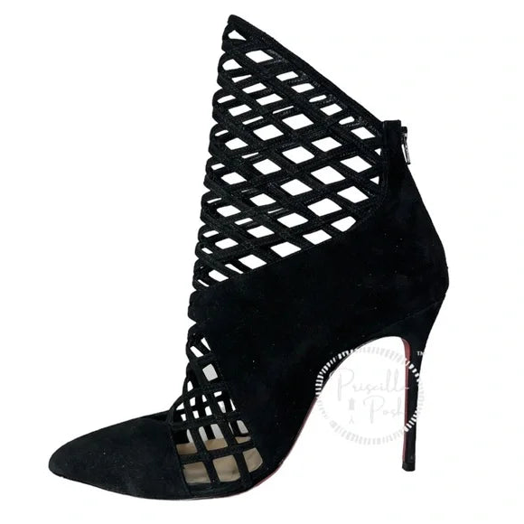 Christian Louboutin Black Suede Pointed Toe Ankle Boots Cutout Stiletto Heel 37