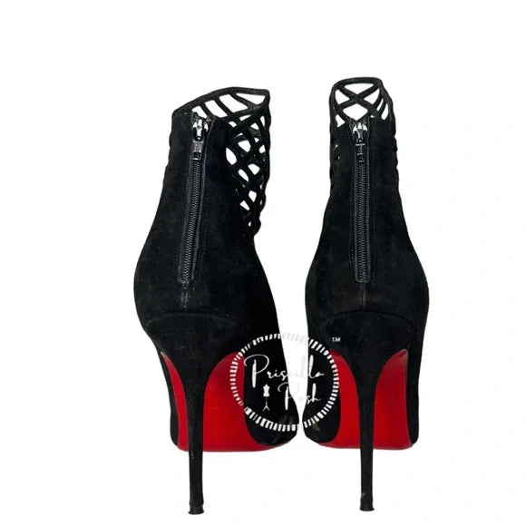 Christian Louboutin Black Suede Pointed Toe Ankle Boots Cutout Stiletto Heel 37