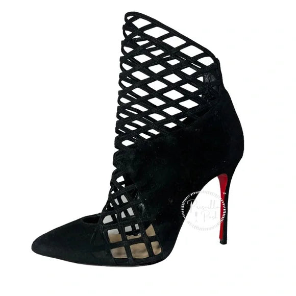 Christian Louboutin Black Suede Pointed Toe Ankle Boots Cutout Stiletto Heel 37