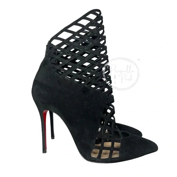 Christian Louboutin Black Suede Pointed Toe Ankle Boots Cutout Stiletto Heel 37