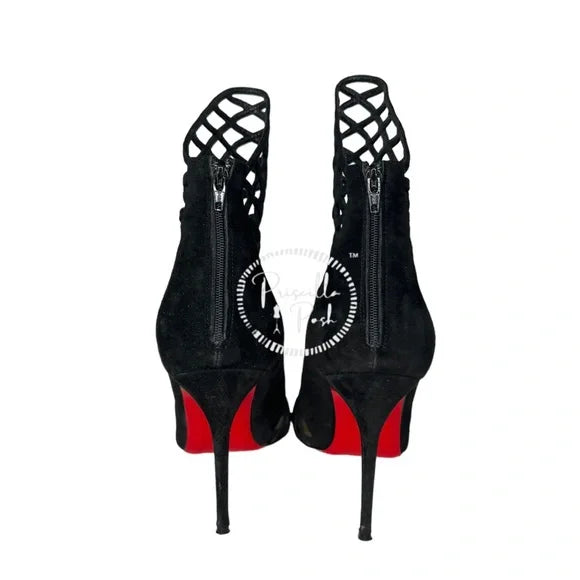 Christian Louboutin Black Suede Pointed Toe Ankle Boots Cutout Stiletto Heel 37
