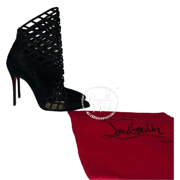 Christian Louboutin Black Suede Pointed Toe Ankle Boots Cutout Stiletto Heel 37