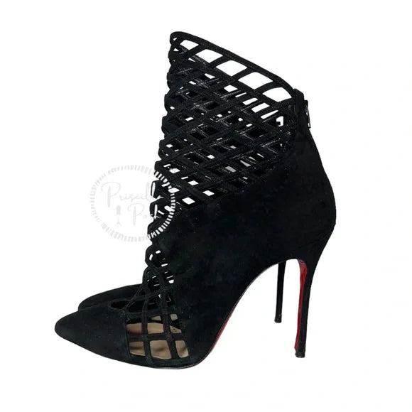 Christian Louboutin Black Suede Pointed Toe Ankle Boots Cutout Stiletto Heel 37