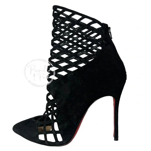 Christian Louboutin Black Suede Pointed Toe Ankle Boots Cutout Stiletto Heel 37