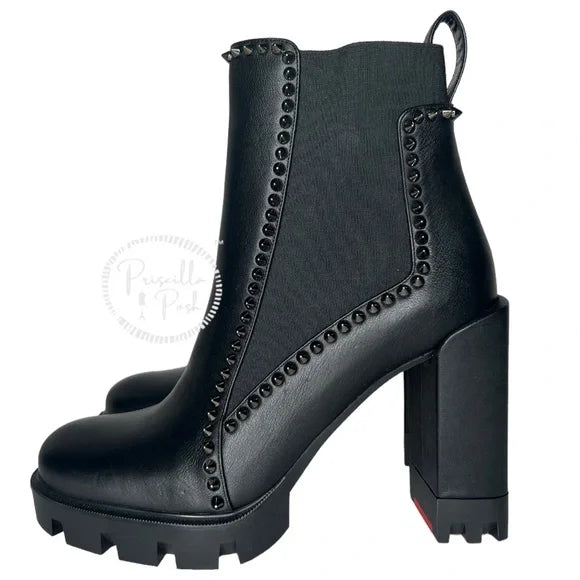 NEW Christian Louboutin Out Line Spike Lug Black Leather Combat Boots 39