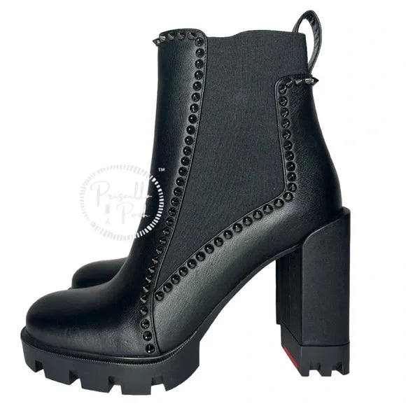NEW Christian Louboutin Out Line Spike Lug Black Leather Combat Boots 39