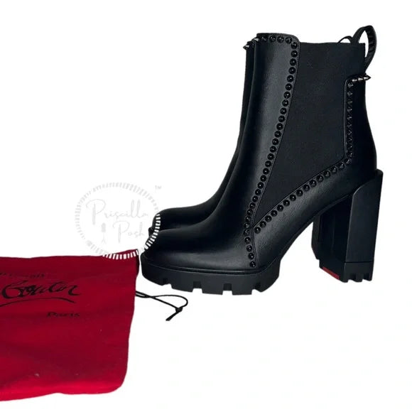 NEW Christian Louboutin Out Line Spike Lug Black Leather Combat Boots 39